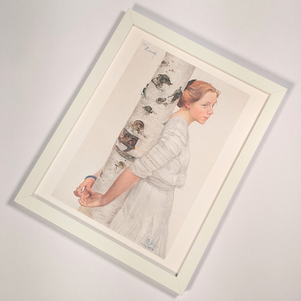 Girl in white by birch tree 8x10 framed art print